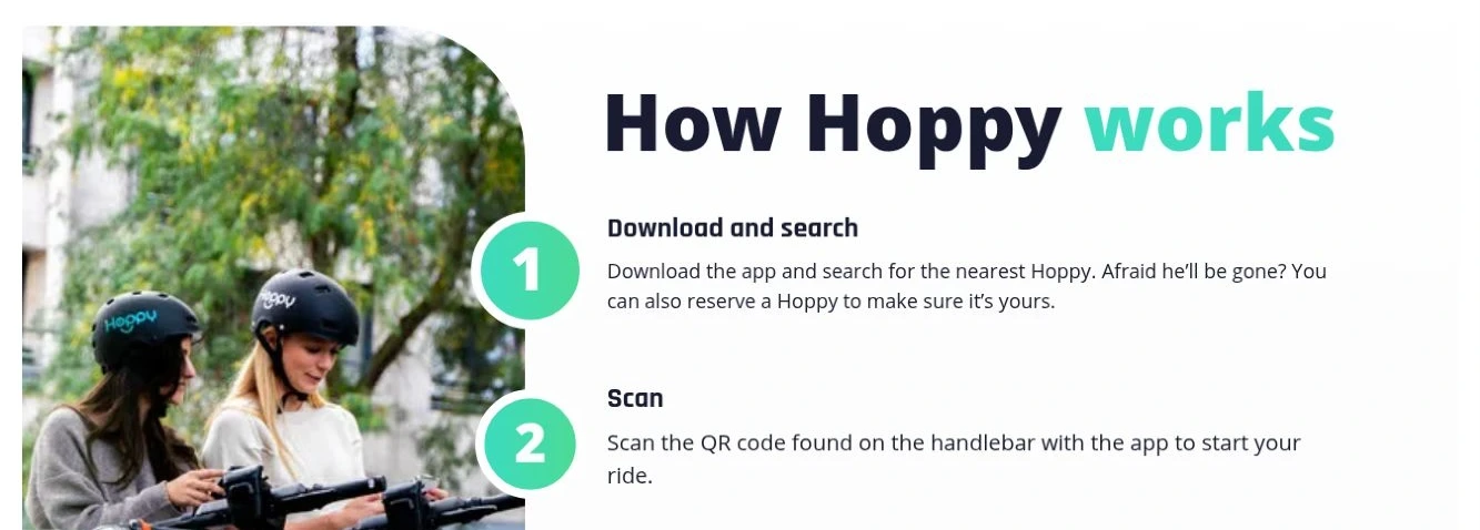 De ontworpen Hoppy-website, met het aanbod en de uitleg over deelmobiliteit